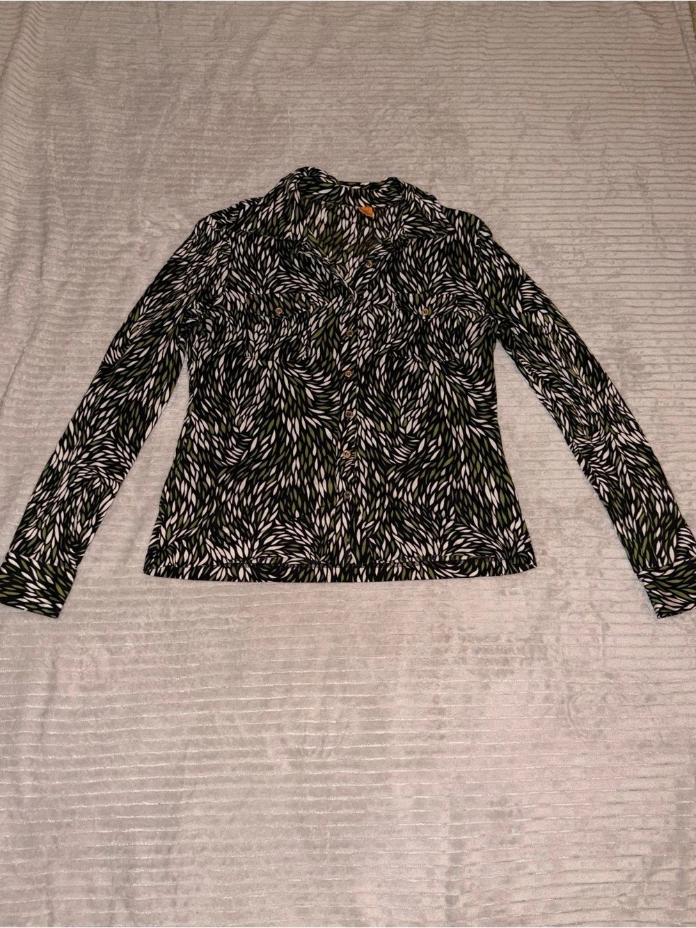 Tory Burch Silk Abstract Button Down in Black & Green Medium